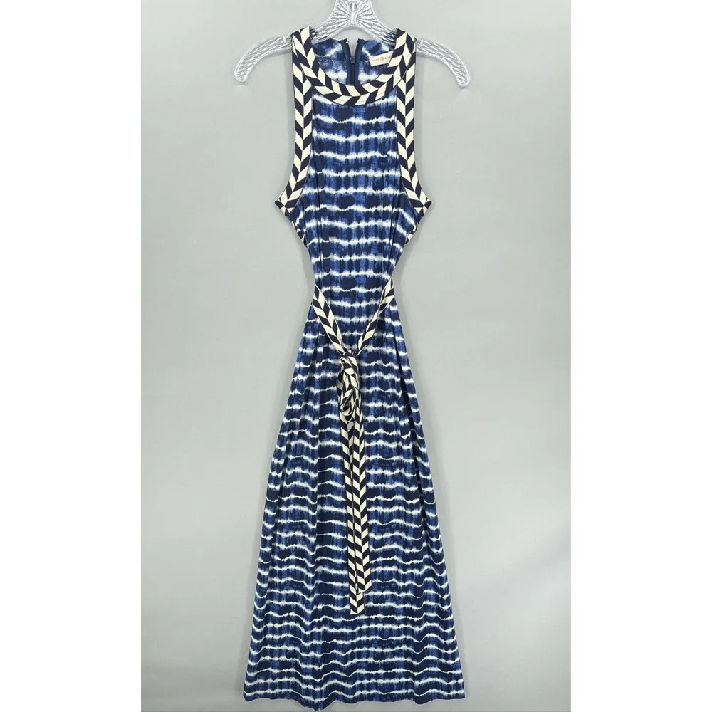 Tory Burch Dress Small Blue Tie Dye Sleeveless Maxi Tank Belted Jersey Boho